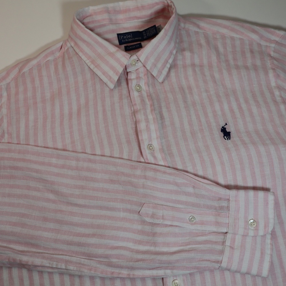 Polo Ralph Lauren Button Down Mens XL Pink Striped Linen Classic Fit Long Sleeve